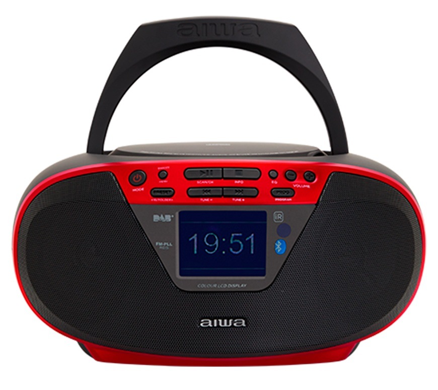 Radiopřijímač DAB+/CD Aiwa BBTU-500DAB v červeném provedení.
