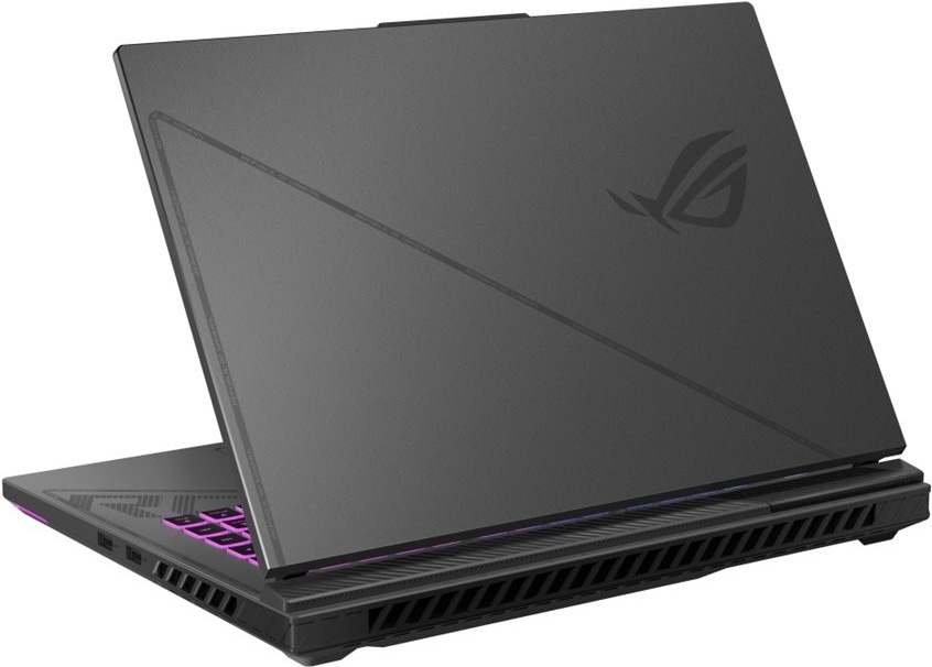 Zadní pohled na notebook ASUS ROG Strix G16 s výrazným logem ROG a chlazením