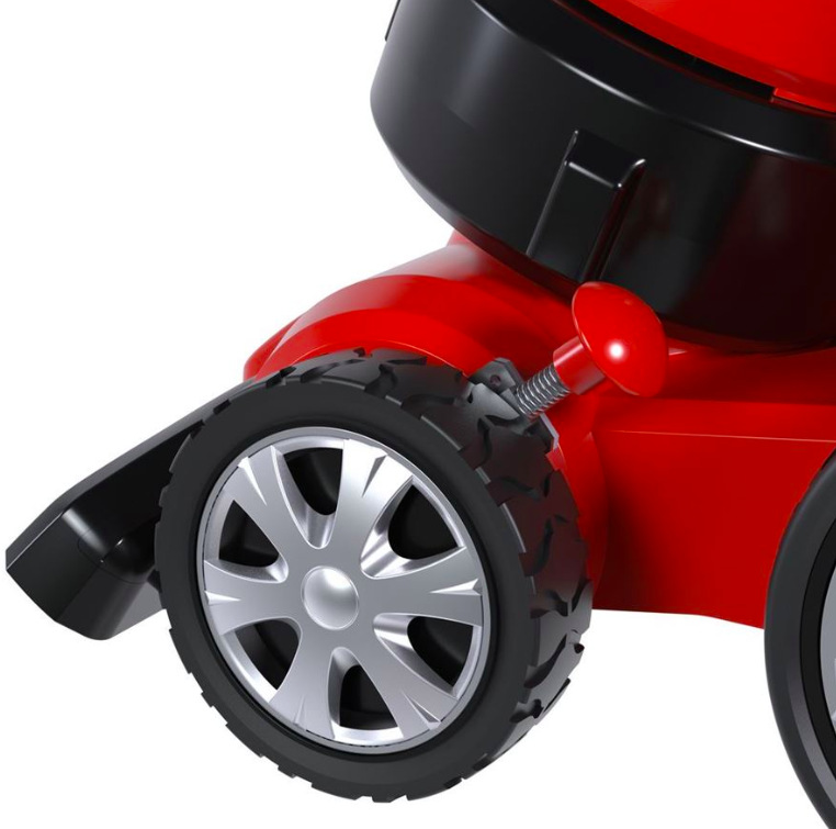 Detail kola a mechanismu čtyřpolohového nastavení výšky hubice vysavače listí