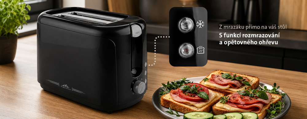Topinkovač ETA Tonny 1166 90010 černý Černý topinkovač ETA Tony na dřevěné lince vedle talíře se třemi zapečenými toasty se sýrem, šunkou a rajčaty. Grafický výřez ukazuje detail podsvícených tlačítek pro rozmrazování a ohřev. Text: Z mrazáku přímo na váš stůl – S funkcí rozmrazování a opětovného ohřevu
