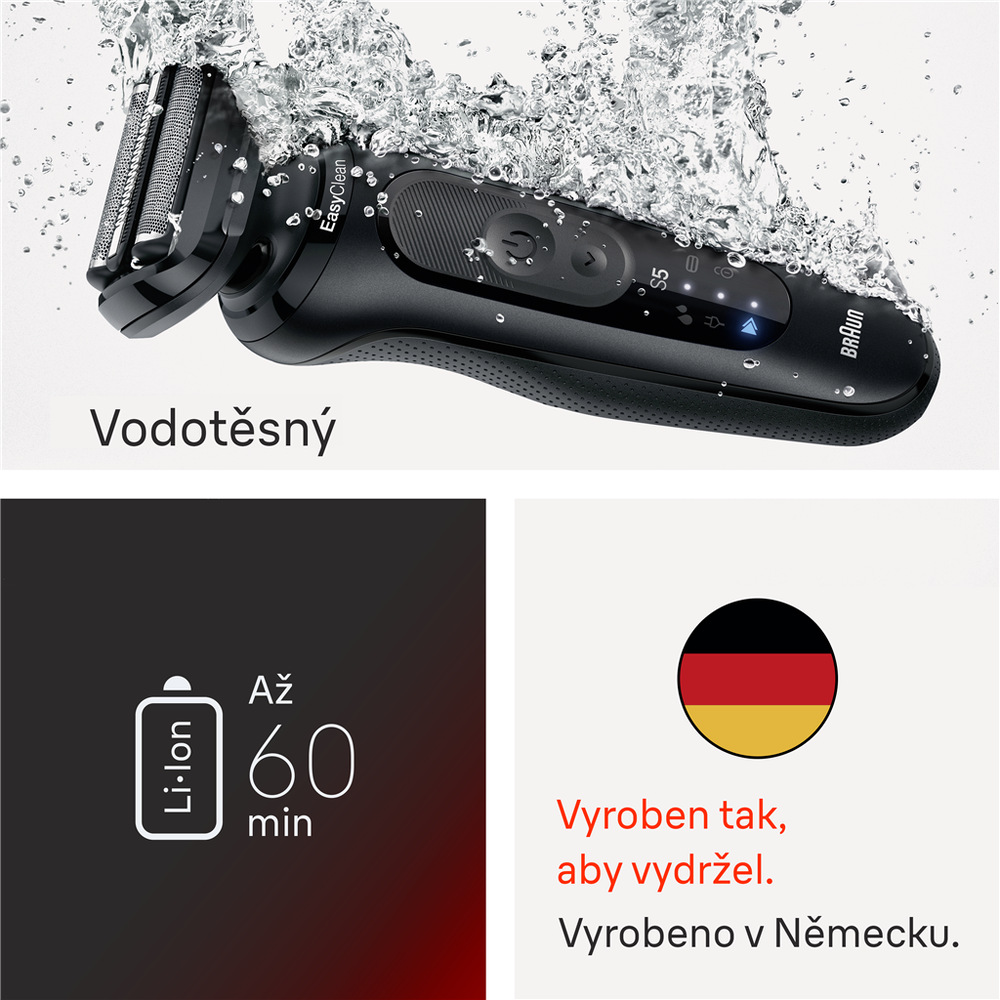 Holicí strojek Braun Series 5 52-N1000sF1 černý Vodotěsný strojek Braun 52-N1000sF1 Series 5 s výdrží 60 min.