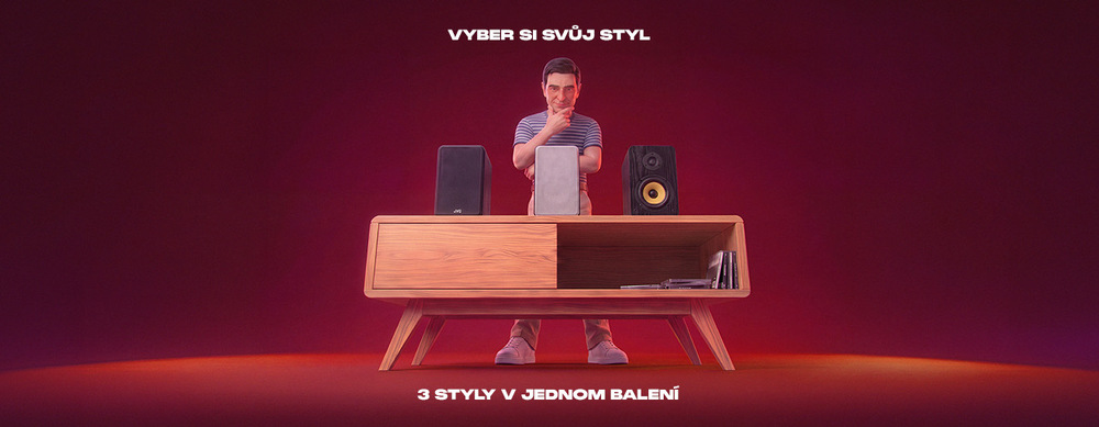 Muž stojí za stolkem se třemi variantami designu reproduktorů. Banner s textem „Vyber si svůj styl – 3 styly v jednom balení“ pro mikrosystém JVC MX-E455