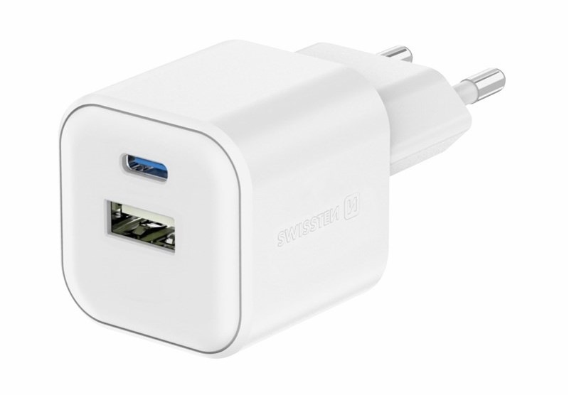 Nabíječka do sítě Swissten GAN 1x USB-C 20W PD + 1x USB-A 18W QC bílá