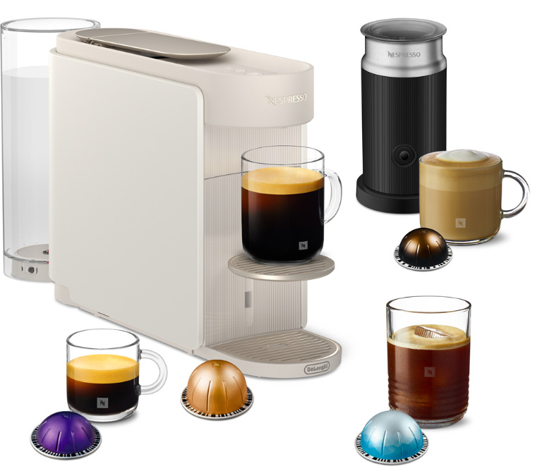 Boční pohled na DeLonghi Nespresso Vertuo Up Bundle ENV200.WAE s kapslemi a mlýnem na mléčnou pěnu
