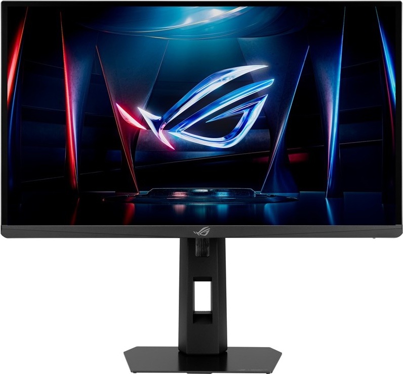 Na obrázku je herní monitor ASUS ROG Stres z předního pohledu. Má černý tenký rámeček, širokoúhlou obrazovku a pevný výškově nastavitelný stojan s obdélníkovou základnou. Na displeji je tmavá herní grafika s výrazným svítícím logem ROG v modro-červených odstínech. Logo ROG je také na spodní liště monitoru a na stojanu. Monitor působí moderně a je určený hlavně pro hráče.