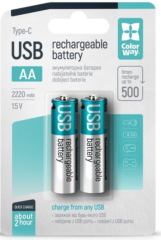 Baterie nabíjecí ColorWay AA, 2200mAh, USB port, 1.5V, 2ks v balení