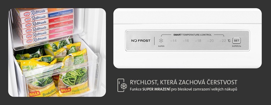 Detail mrazničky ETA s funkcí No Frost a Smart Temperature Control. Vlevo jsou vidět zásuvky s mraženou pizzou a zeleninou Billa. Text: Rychlost, která zachová čerstvost – funkce SUPER MRAZENÍ pro bleskové zamrazení velkých nákupů.