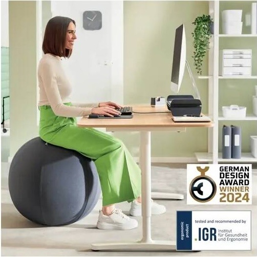 Sedací míč Leitz Ergo Anti-Roll Dark Grey, 55cm šedý Žena sedí na míči Leitz Ergo u pracovního stolu a používá počítač v domácí kanceláři