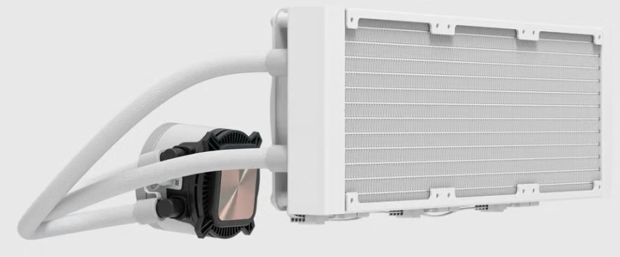 Zadní pohled na radiátor a blok vodního chladiče FRACTAL DESIGN Radius 360 RGB White v bílém provedení