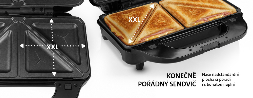 Sendvičovač ETA Sorento s nadstandardní XXL pečicí plochou a připravenými zapékanými toasty s bohatou náplní.