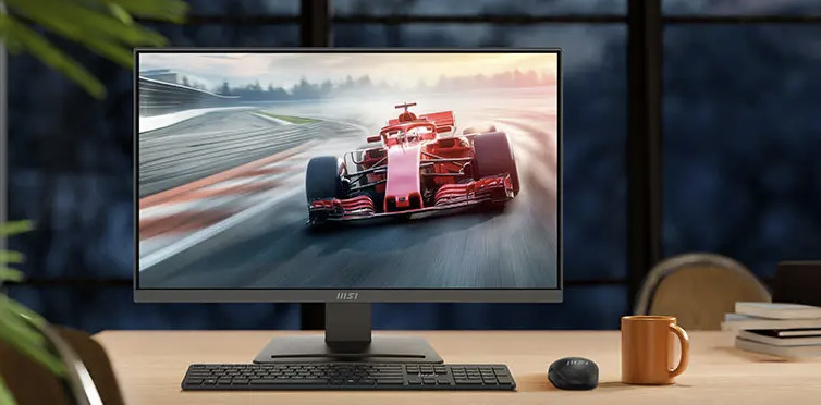 Monitor MSI PRO MP241 E14V černý Monitor MSI PRO MP241 E14V při hraní závodní hry na pracovním stole s klávesnicí a myší