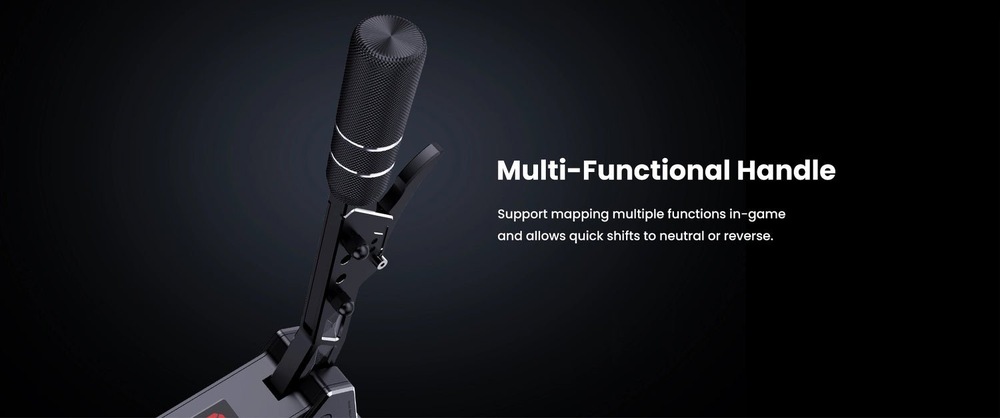 Řadící páka PXN SF SMG Shifter Sequential černá Elegantní černá multifunkční rukojeť závodní řadicí páky zobrazená na tmavém pozadí, s textem vyzdvihujícím mapování ve hře a rychlé přepínání na neutrál nebo zpátečku.