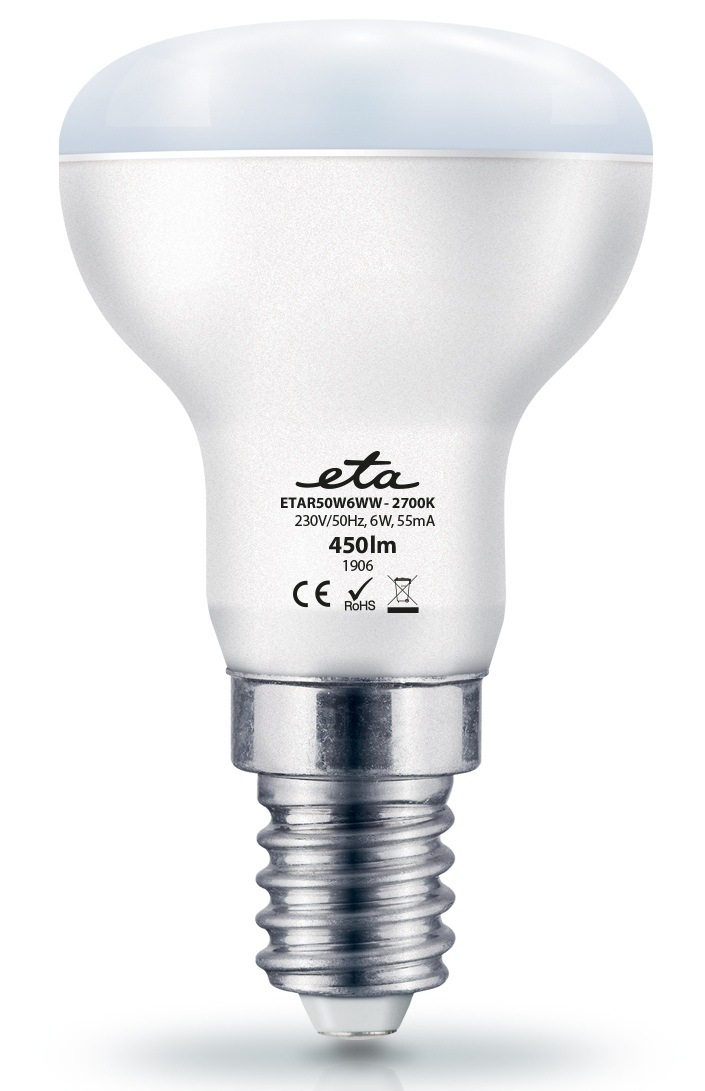 Žárovka LED ETA EKO LEDka reflektor 6W, E14, teplá bílá Reflektorová LED žárovka ETA EKO LEDka hříbek s paticí E14, 6W, 450 lm, teplá bílá