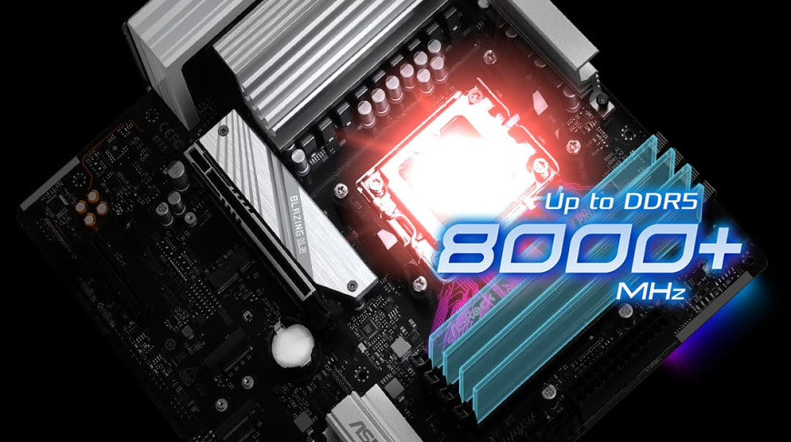 Detail slotů pamětí DDR5 na desce ASRock B850M Pro RS s podporou frekvencí až 8000+ MHz