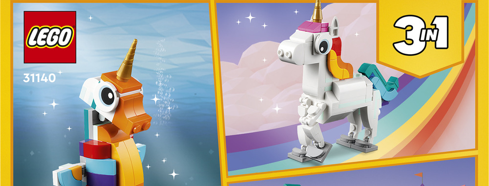 Stavebnice LEGO® Creator 3 v 1 31140 Kouzelný jednorožec Ze 145 dílků mohou děti přestavět jednorožce na mořského koníka s pohyblivým ocasem nebo barevného páva.