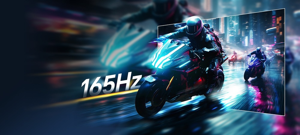 Herní monitor LG UltraGear 32GX850A-B černý Záběr ze hry s futuristickým pouličním motocyklovým závodem ozářený neonovými světly ve vysokých rychlostech s textem 165 Hz, poukazující na vysokou obnovovací frekvenci.