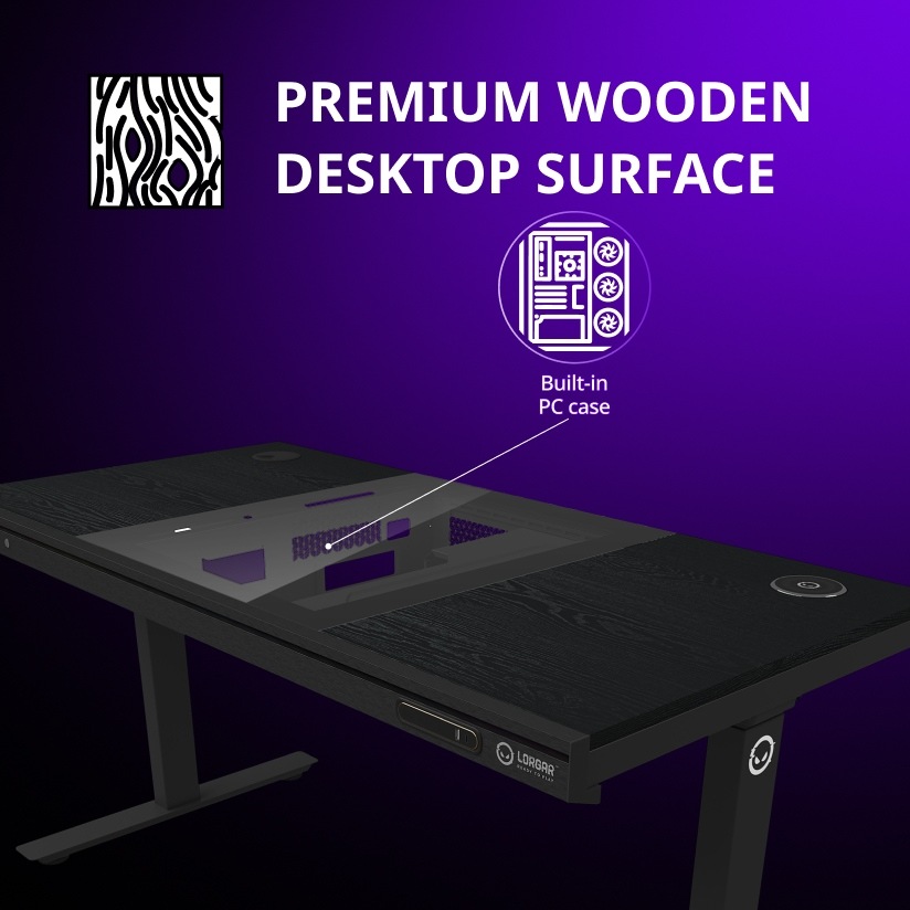 Herní stůl Lorgar DE90 RGB Wood černý Lorgar DE90 má integrované šasi přímo do těla stolu