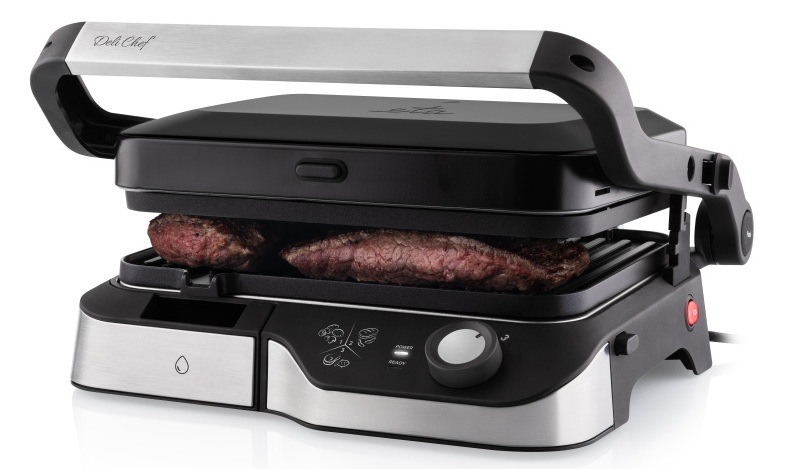 Gril ETA DeliChef 6156 90000 černý Elektrický kontaktní gril ETA DeliChef při grilování dvou šťavnatých hovězích steaků