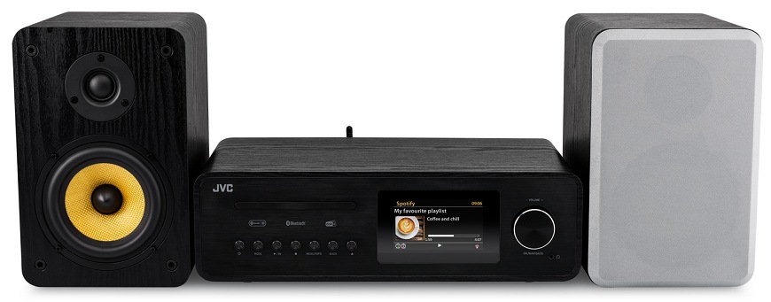 Mikrosystém JVC MX-E455 s CD, Spotify a barevným displejem, stříbrné reproduktory s výraznými žlutými měniči a vyměnitelnými krycími mřížkami