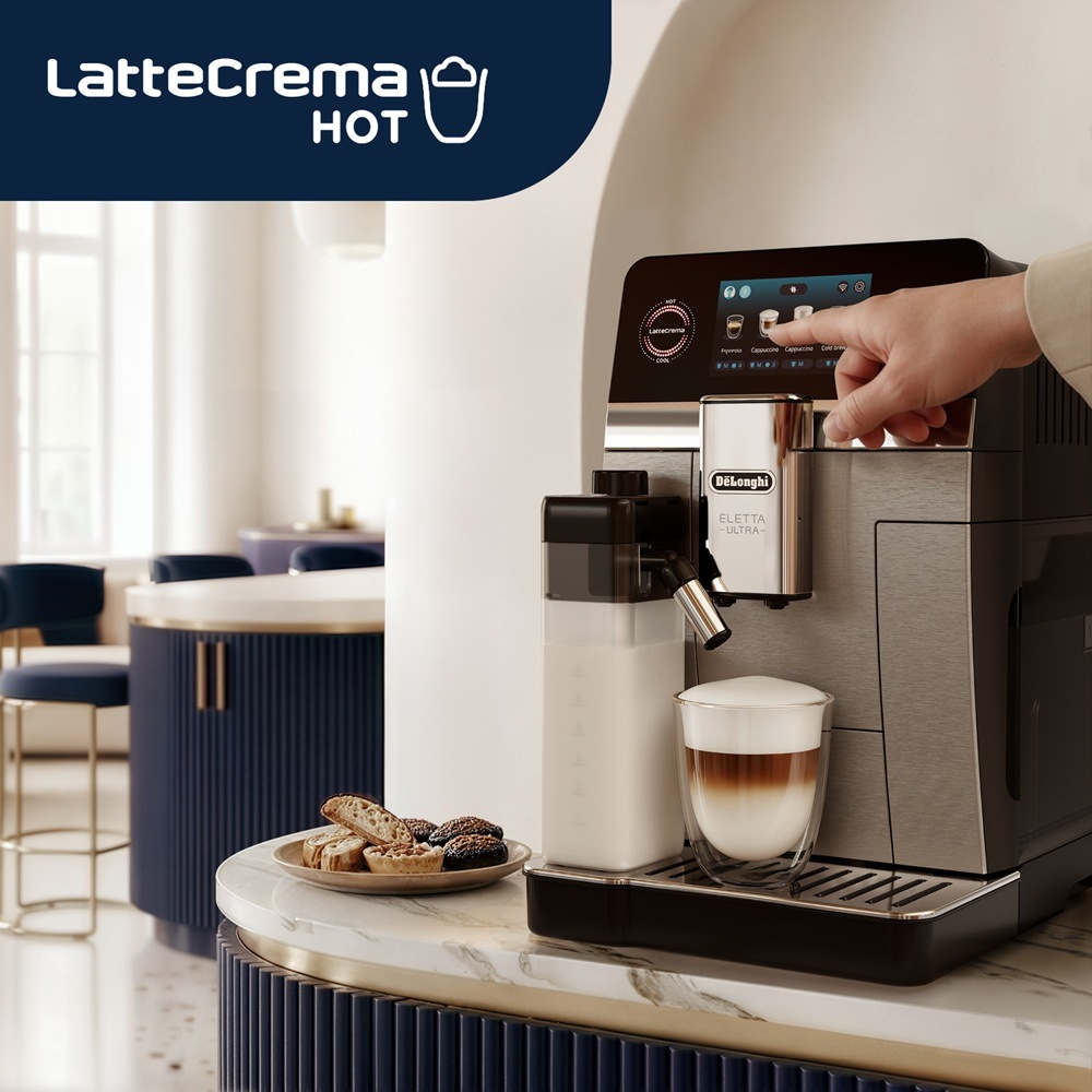 Automatický kávovar De’Longhi připravující krémové cappuccino s technologií LatteCrema Hot.