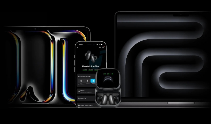Sluchátka Anker soundcore Liberty 5 Pro Max černá Sluchátka Anker soundcore Liberty 5 Pro Max v pouzdře a smartphone
