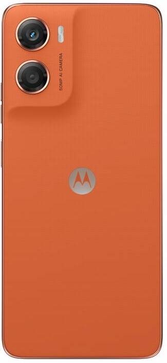 Zadní strana telefonu Motorola Moto G06 v oranžové barvě s duálním 50Mpx fotoaparátem a veganskou kůží