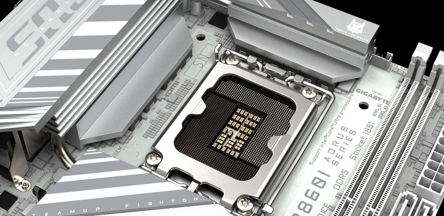 Základní deska GIGABYTE B860I AORUS PRO ICE Detail patice procesoru LGA1851 a napájecí kaskády na základní desce Gigabyte B860I AORUS PRO ICE