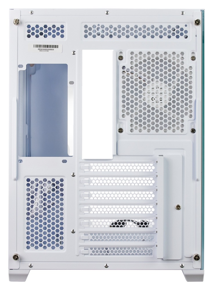 Case Cooler Master WakeUp Elite 681 bílá Pohled na PC skříňzeb zadní nstrany, který zachycuje otvory pro větrání a celou zadní stěnu.