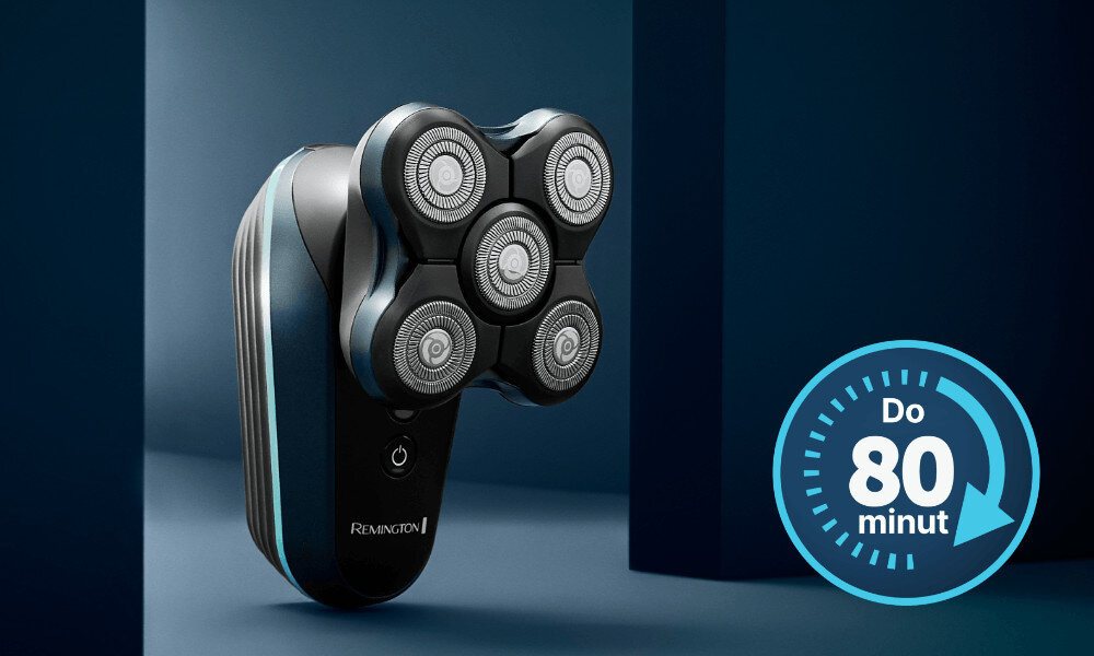 Obrázek holicího strojku Remington XR8000 Balder se znázorněním doby provozu, která činí až 80 minut.