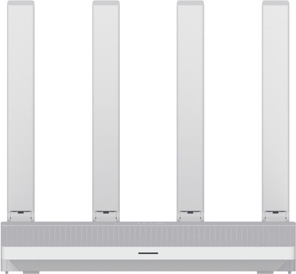Bílý router Xiaomi AX3000T se čtyřmi vysokými anténami. Má nízké podlouhlé tělo, decentní přední kontrolku uprostřed a jednoduchý čistý design vhodný do interiéru.