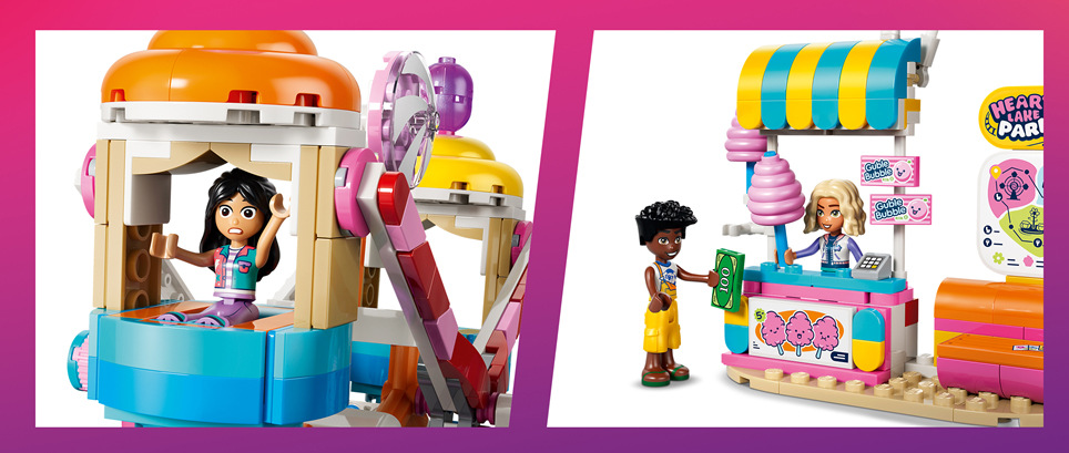 Stavebnice LEGO® Friends 42700 Kolotoč se sladkostmi a cupcaky Nova, Zac a Liann vytvářejí příběhy o přátelství při soutěžích, sladkých svačinkách i pouťových atrakcích.