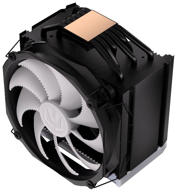 Chladič CPU ENDORFY Fortis 5 ARGB Black Na obrázku je chladič CPU ENDORFY Fortis 5 ARGB Black z šikmého pohledu. Vepředu je velký ventilátor s bílými lopatkami v černém rámečku, přichycený drátěnými sponami. Za ním je dvojitý blok hustých černých kovových žeber (dvojitá „věž“), který odvádí teplo. Dole je vidět šest zahnutých černých trubiček (heatpipe) vedoucích teplo od procesoru do žeber. Nahoře je světlý horní kryt, ale podsvícení na této fotce nesvítí. Na obrázku je chladič CPU ENDORFY Fortis 5 ARGB Black z šikmého horního pohledu. Vepředu je velký ventilátor v černém rámečku s bílými lopatkami a logem uprostřed. Za ním navazuje dvojitý blok hustých černých kovových žeber (dvojitá „věž“). Nahoře je vidět měděně zbarvená kontaktní plocha a z ní vychází šest zahnutých černých trubiček (heatpipe), které odvádějí teplo do žeber. Podsvícení ARGB na této fotce nesvítí.