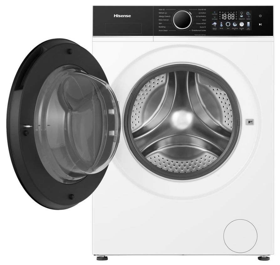 Pračka Hisense WF3I8043BWF bílá pračka Hisense WF3I8043BWF s otevřenými dvířky. Pračka je v bílé barvě
