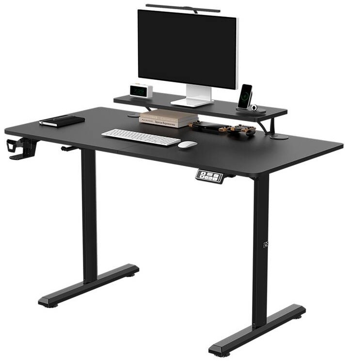detail pracovní desky s monitorem, příslušenstvím a ovládacím panelem pro nastavení výšky