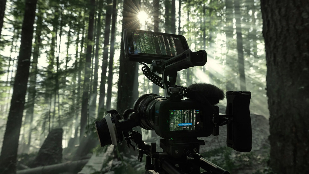 Mikrofon GoPro Media Mod MISSION 1 černé Profesionální kamerová sestava s monitorem při natáčení v lese
