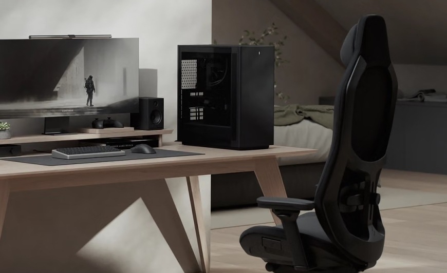 Počítačová skříň FRACTAL DESIGN Define One Dark TG Light Tint jako součást herního pracovního stolu