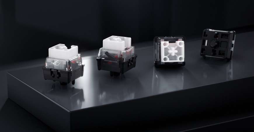 Klávesnice Asus ROG Falchion ACE 75 HE US černá Detail magnetických spínačů ROG HFX V2 z různých úhlů