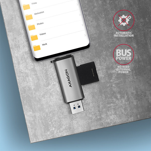 Čtečka paměťových karet Axagon Card Reader USB3.2 Gen 1 Type-C + Type-A, SD/microSD, UHS-I stříbrná Axagon CRE-SAC zaujme i širokou kompatibilitou