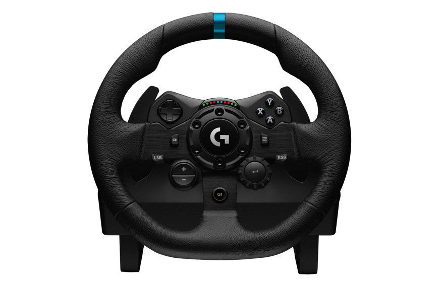 Čelní pohled na volant Logitech G923 Racing Wheel s ovládacími prvky a pádly