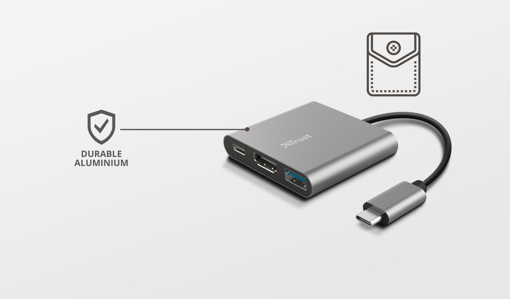 USB Hub Trust Dalyx 3v1 USB-C/USB, HDMI, USB-C PD 100W šedý