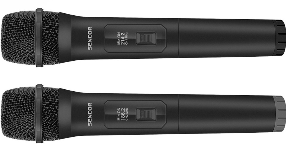 Mikrofon Sencor SSS WM20, bezdrátově 2,4 GHz (2 ks) černý Dva černé bezdrátové mikrofony Sencor SSS WM20