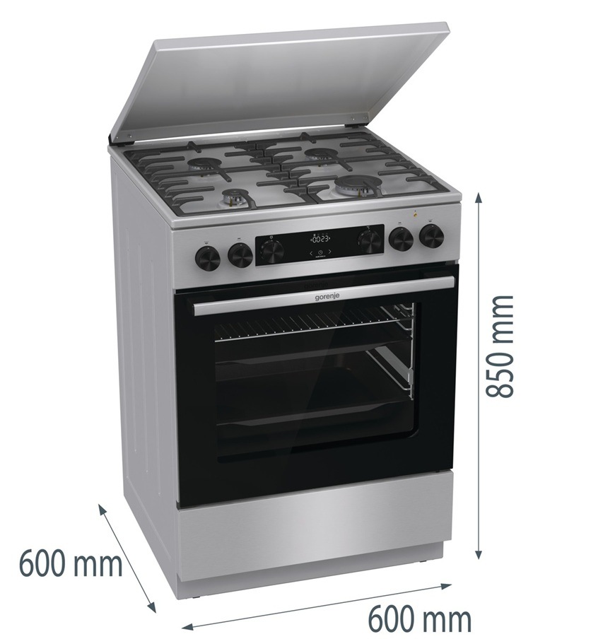 Na obrázku je sporák Gorenje GKS6C71XF s rozměry