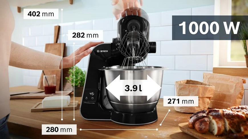 Kuchyńský robot Bosch SMUM5XC74s popsanými rozměry výšky, šířky a hloubky