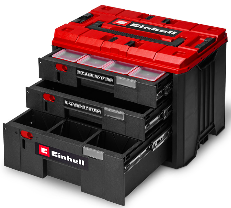 Box na nářadí Einhell E-Case 4540047 se třemi zásuvkami v černo-červeném provedení