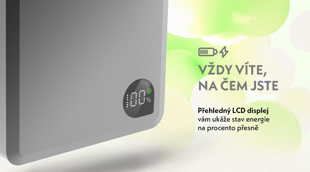 Powerbanka GoGEN MagSafe, Qi2, 5000mAh šedá Detail LCD displeje na šedé powerbance GoGEN zobrazující stav nabití 100 %. Produktový banner s textem „Vždy víte, na čem jste. Přehledný LCD displej vám ukáže stav energie na procento přesně.