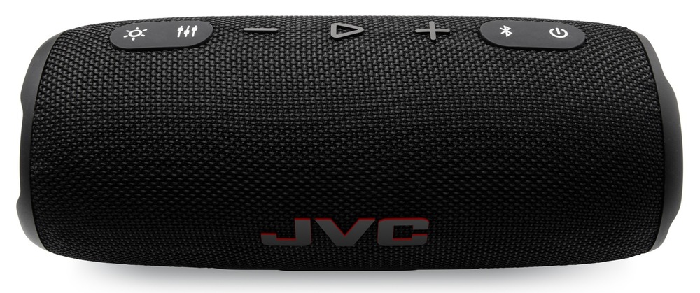 Horní ovládací tlačítka a mikrofon na černém přenosném Bluetooth reproduktoru JVC XS-E425B