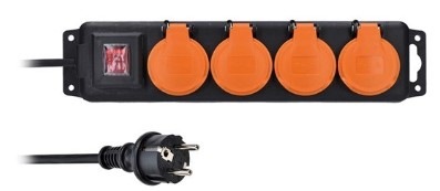 Kabel prodlužovací Solight 4 zásuvky, gumový kabel, vypínač, venkovní, IP44, 5m černý
