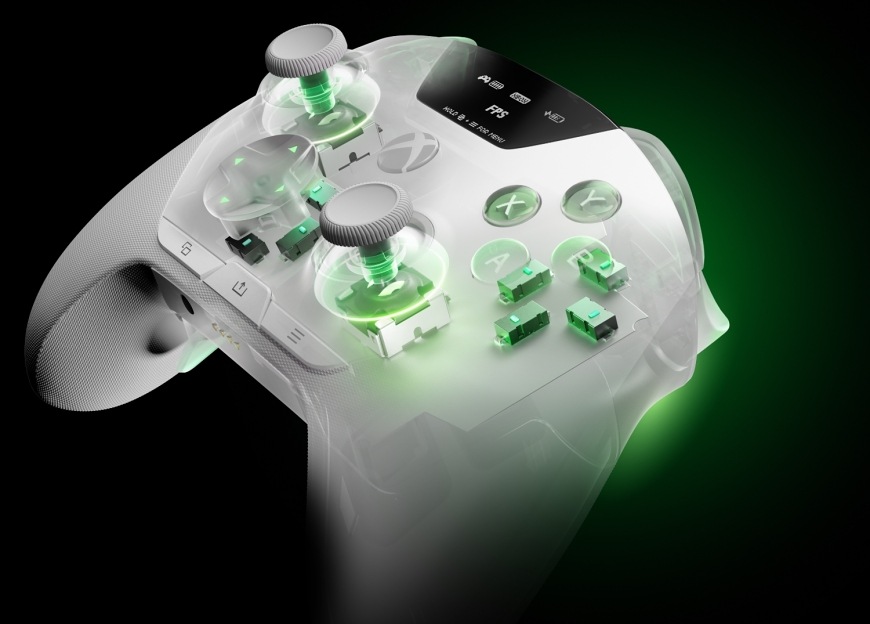 Gamepad SteelSeries Aeon Pro černý Průhledová vizualizace gamepadu SteelSeries Aeon Pro s viditelnými mechanismy páček a tlačítek.
