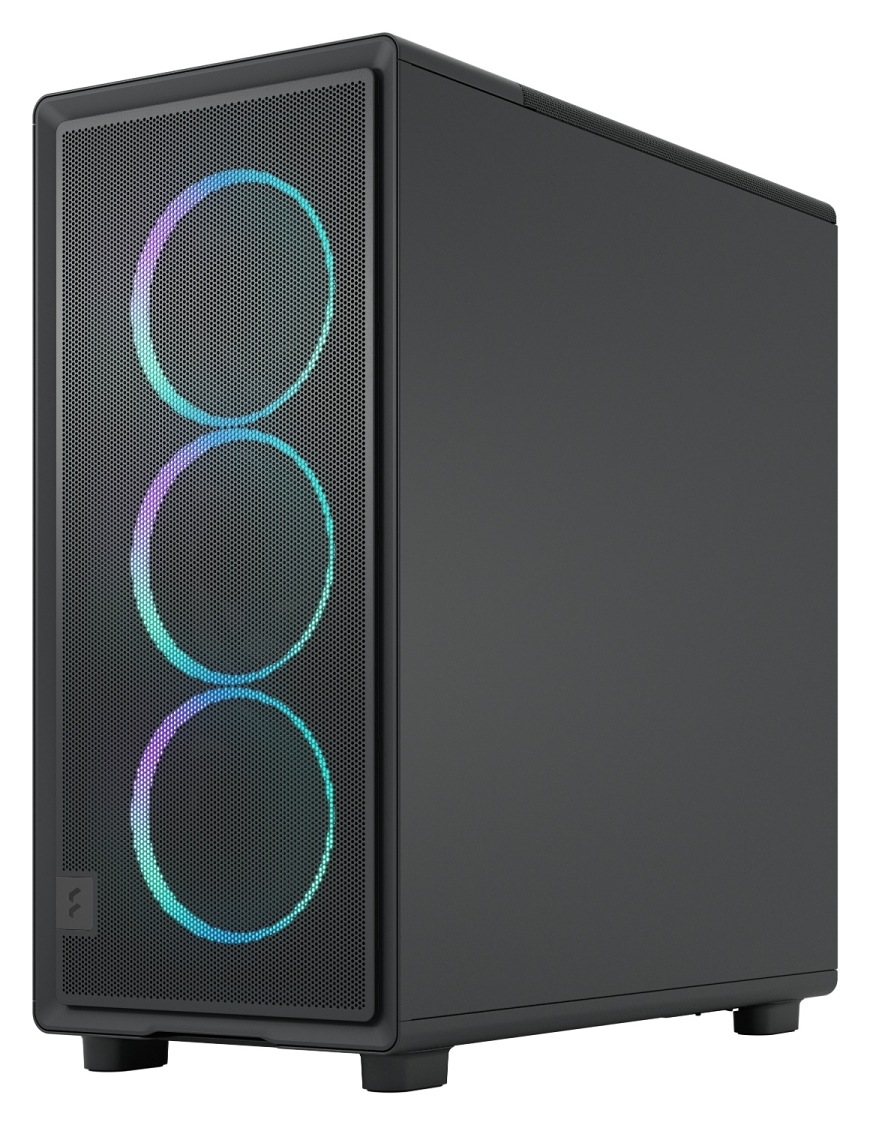 Pohled na černou počítačovou skříň FRACTAL DESIGN Epoch Black TG RGB Light Tint s čelní perforovanou mřížkou, za kterou jsou viditelné tři RGB ventilátory s kruhovým podsvícením