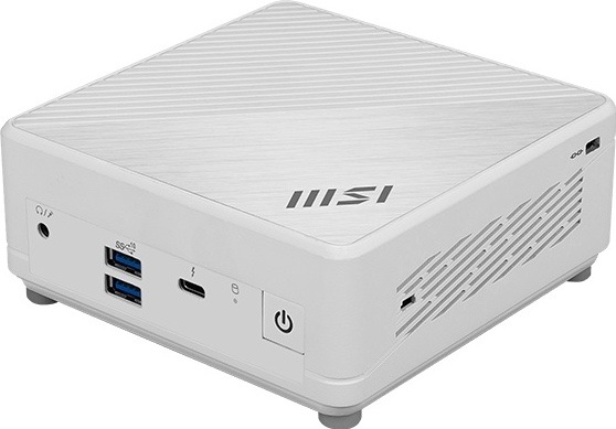 PC mini MSI Cubi 5 1M-611EU bílý Mini PC MSI Cubi 5 z šikmého pohledu v bílém provedení, s vroubkovaným horním panelem, logem MSI, USB porty, USB-C, audio konektorem a bočním větráním.